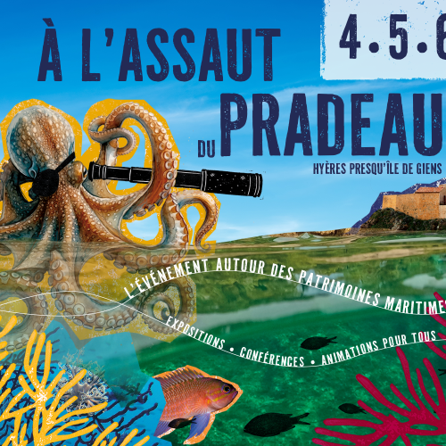 Illustration représentant un poulpe qui tient une longue vue et regarde vers le fort du Pradeau