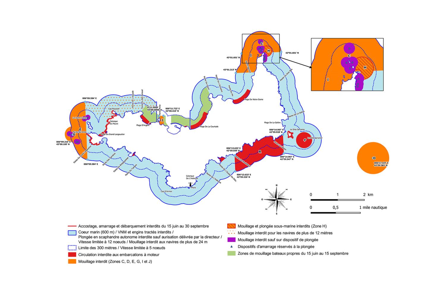 carte de réglementation activités nautiques Porquerolles
