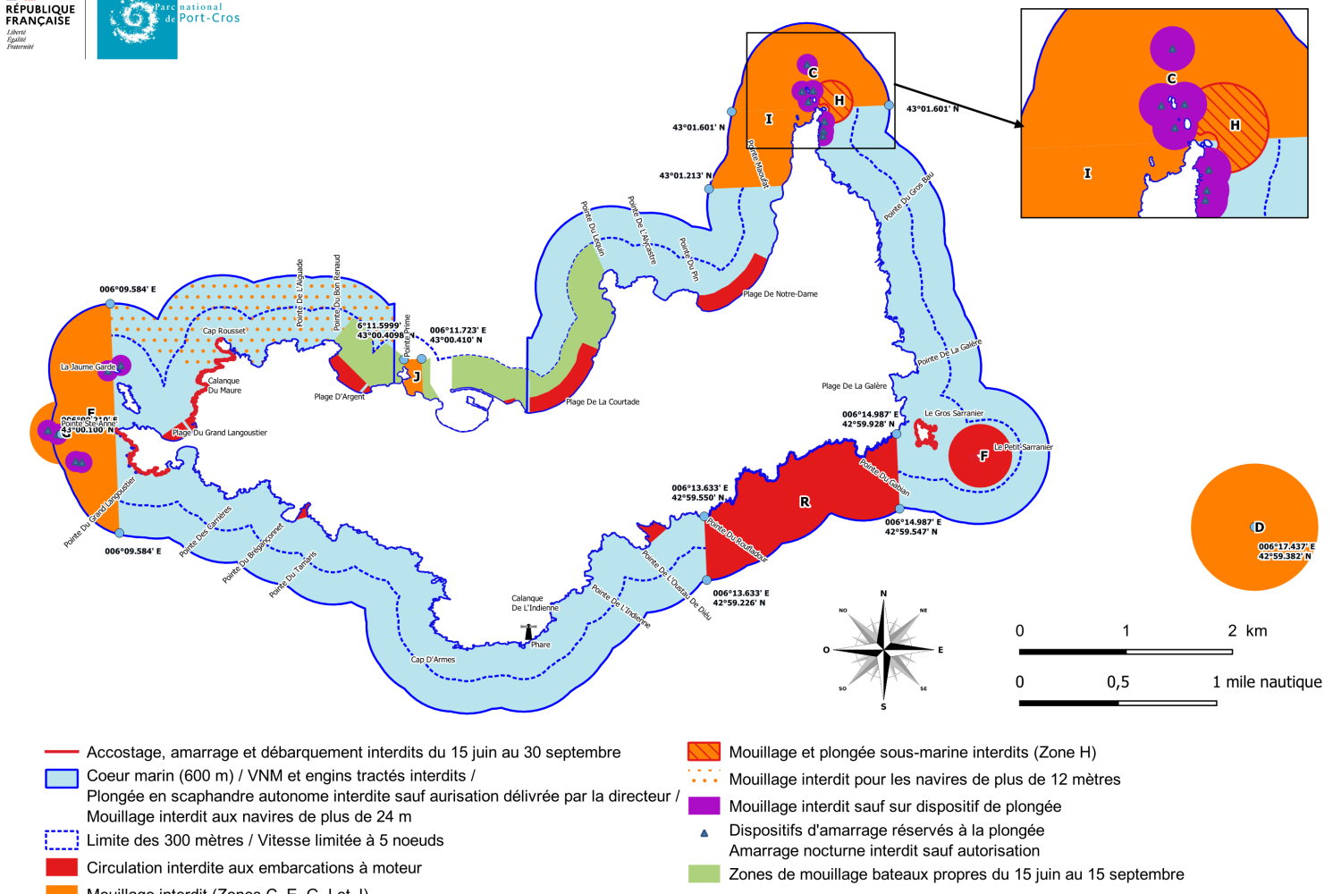 Carte de règlementation des activités nautiques PORQUEROLLES 2026