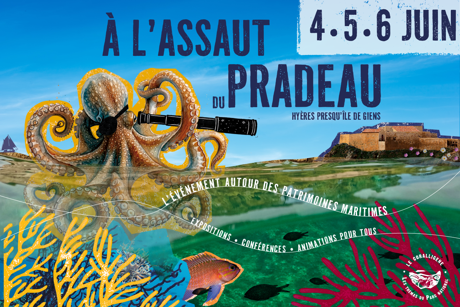 Illustration représentant un poulpe qui tient une longue vue et regarde vers le fort du Pradeau